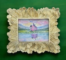 Pink House Scotland landscape mini print in gold vintage style ornate frame