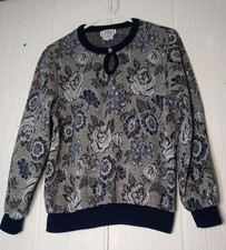 Vtg 80s CRICKET LANE Women S Blue Gray Floral Sweater Keyhole Neckline USA Made