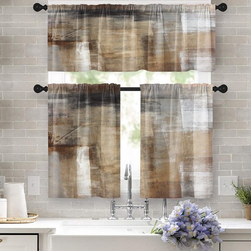Kitchen Window Valance Curtains Brown Grey Beige And Tier Set 36 Inch Modern Rod