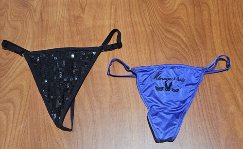 NWT 2 Victoria's Secret V-String Panties-Black Sequin & Purple Shock w/ design S