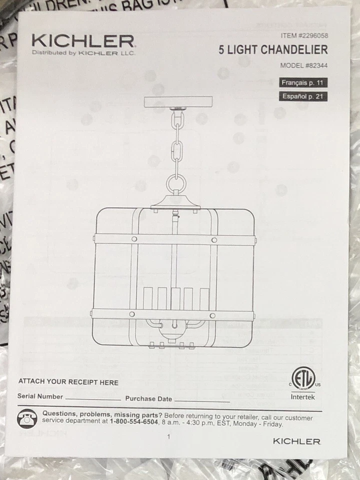 Kichler Gartin 16” 5-Light Chandelier Weathered Zinc/White Washed Wood - Image 2 of 2