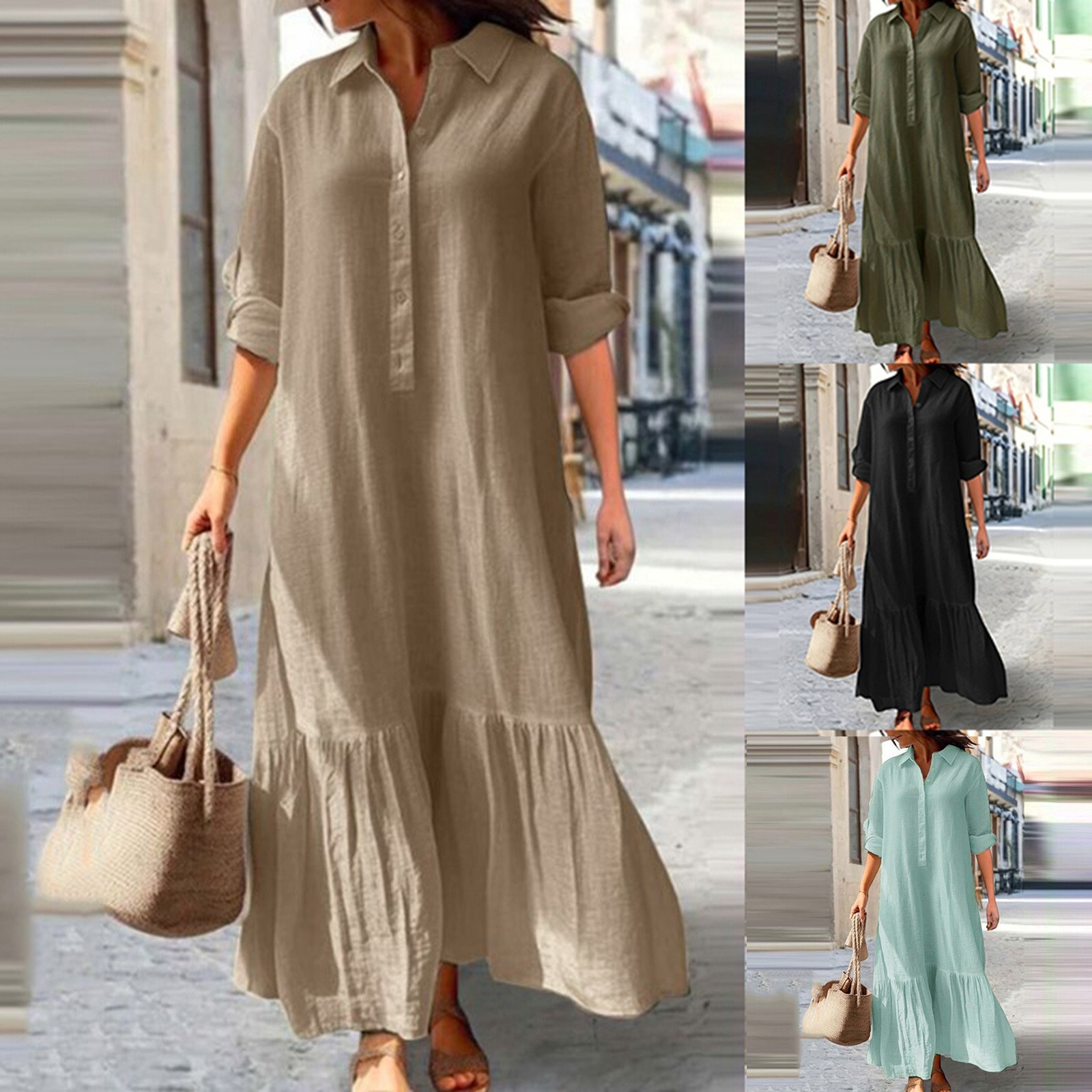 Women’s Asymmetrical Button-Up Maxi Shirt Dress Casual Ringer Style