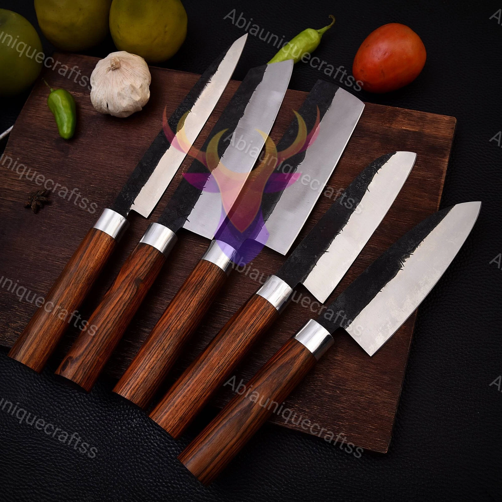 5PCS Carbon Steel Chef Knife Set – Professional Handmade Kitchen Cutlery Gift