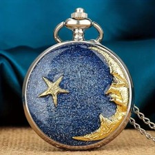 Moon Star Embossed Quartz Pocket Watch Vintage Necklace Chain Watch Gift New