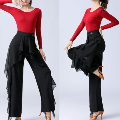 Lady Dancewear Pants Trousers Mesh Split Ruffle Ballroom Latin Jazz Dancing  Chic