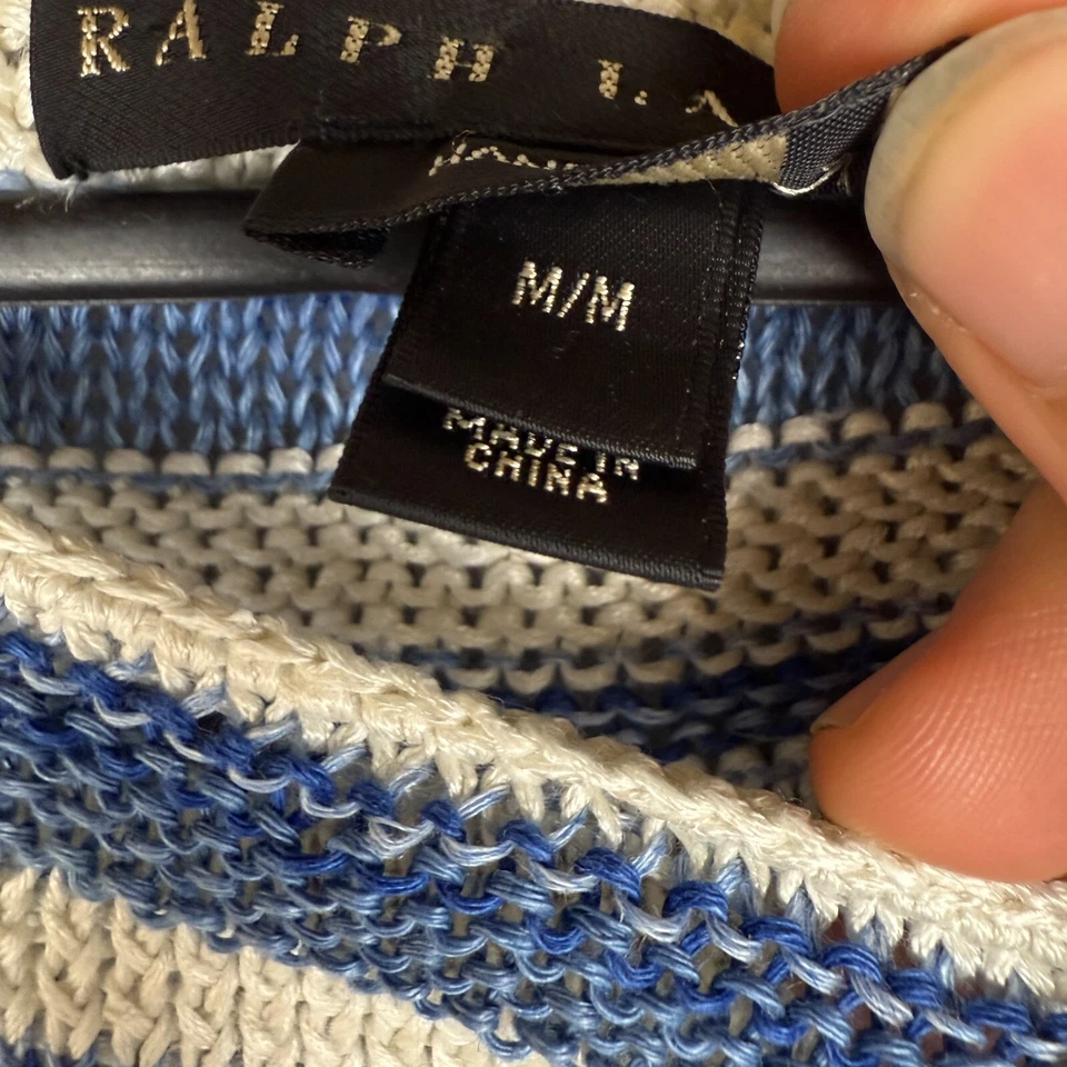 Jersey Ralph Lauren Etiqueta Negra Mujer Mediano Blanco Azul Tejido a Mano Lino Seda Foto 3 de 4
