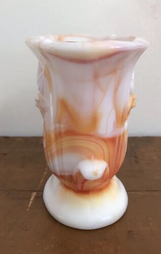 Retro 70s VASE Akro Agate Embossed Textured white Orange Swirl 4" USA MADE - Picture 3 of 17