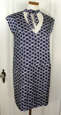 NEW J. CREW Retail $158 SILK V-NECK SHIFT DRESS GEO WEAVE PRINT NAVY BLUE Size 6