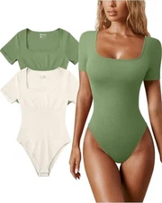 OQQ Women 2 Pcs Bodysuits Sexy Ribbed Square Neck Short Sleeve Sm Green Beige