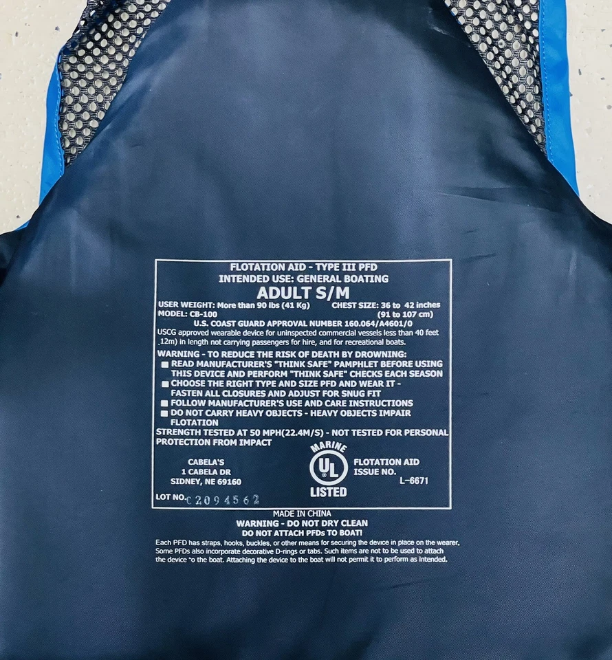 Colete salva-vidas Cabela's adulto básico malha pesca flutuação tamanho P/M (36”-42”) - Imagem 3 de 3