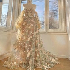 Luxury Tulle Pearl Flower Embellished Applique Evening Dresses A-Line Prom Gowns