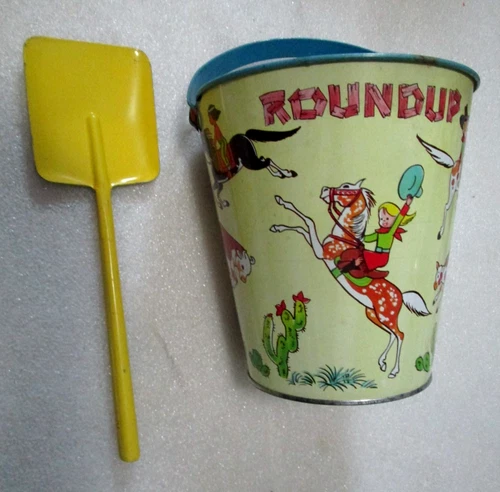 Vintage J Chein Roundup Metal Tin Litho Sand Pail Bucket & Shovel Cowboy Horses