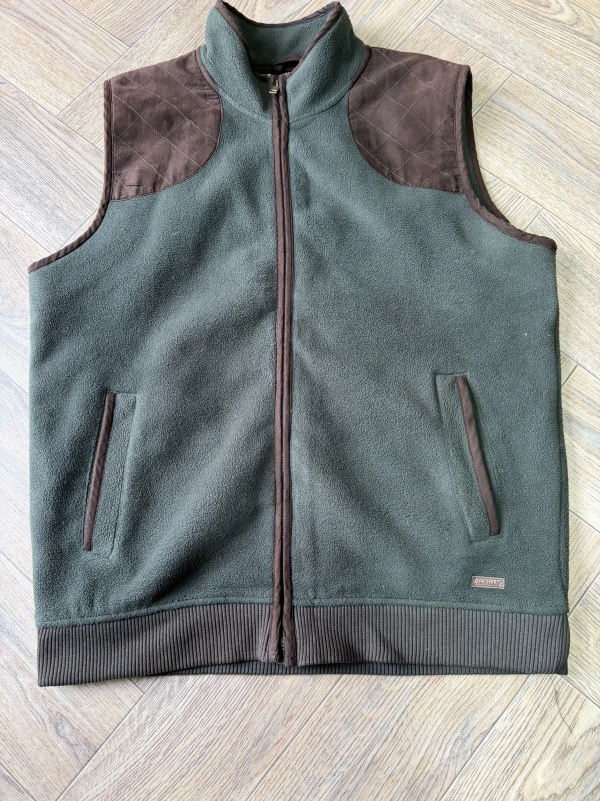 PG Field Fleece Vest Mens Green Brown Full Zip Outdoor Hunting Hiking Pockets L