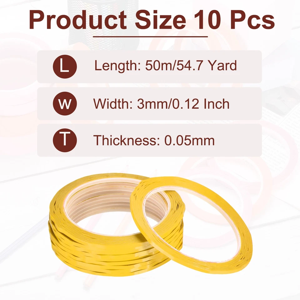 10 Rolls Whiteboard Tape Thin 3mm 54.7 Yard Thin Pinstripe Tape, Yellow Foto 2 de 4