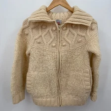 Avoca Handweavers Ireland Wool Knit Zip Cardigan Womens Cream Collar Cable Sz S