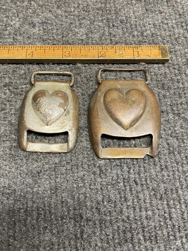 2 ANTIQUE CIVIL WAR ERA HEART HORSE HARNESS BUCKLE COVERS BRASS 2”