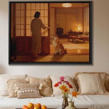 Oil Painting Dog Shiba Inu Canvas Vintage Dog Framed Art Living Room Decor