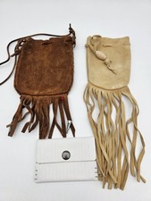 Lot of 3 Leather Medicine Pouch Drawstring Hand Made Healing Fringe Bag