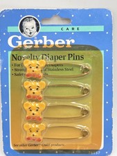 New Old Stock 1991 Set Of 4 Vintage Baby Gerber Novelty Diaper Pins Yellow Bear