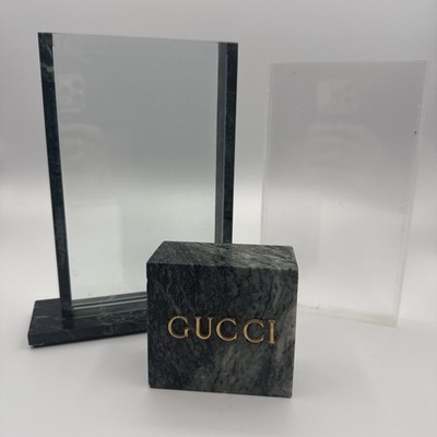 VTG Gucci Italy Green Marble Acrylic Vase With Insert & Matching Sign Block Rare