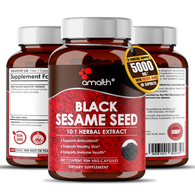 Black Sesame Seed Extract 5000mg Capsules - 90 Count - Supports Healthy Skin