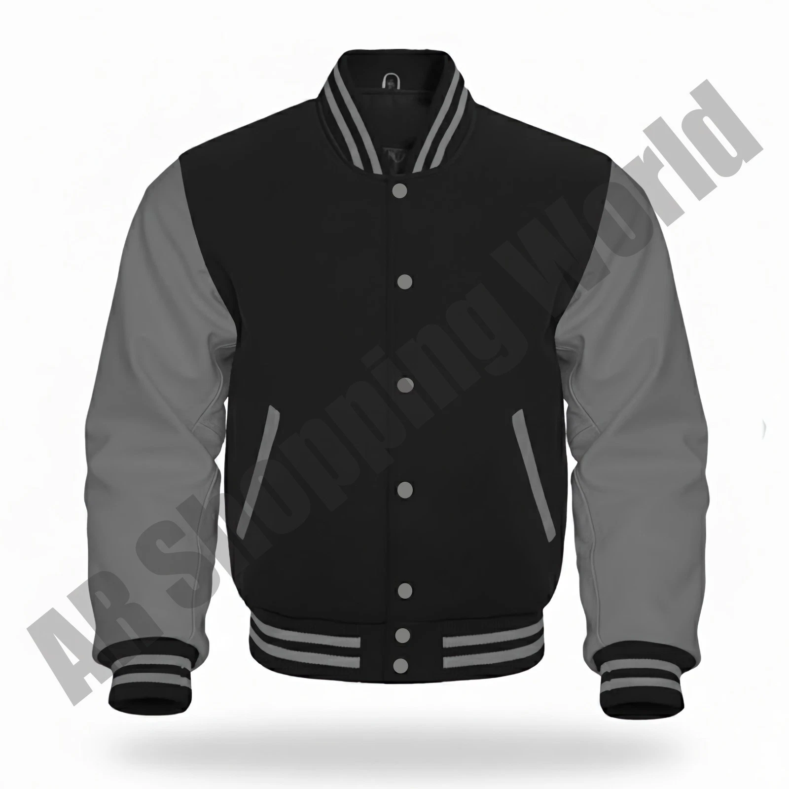 Black Varsity Letterman Wool Body Grey Leather Sleeves Baseball Bomber Jacket