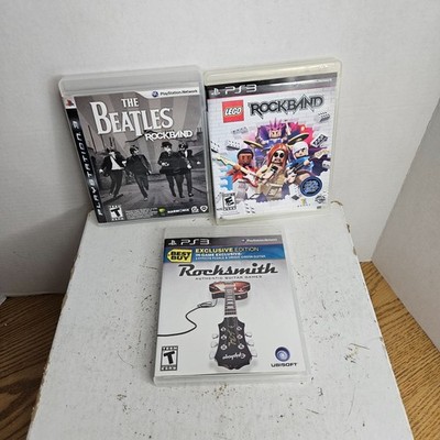 PS3 Lot Of 3 Rock Band Games - Beatles, Lego, and Rocksmith Authentic Guitar