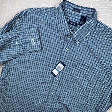 IZOD Button Down Shirt Mens XL Teal Parade Blue Plaid Long Sleeve Easy Care NEW