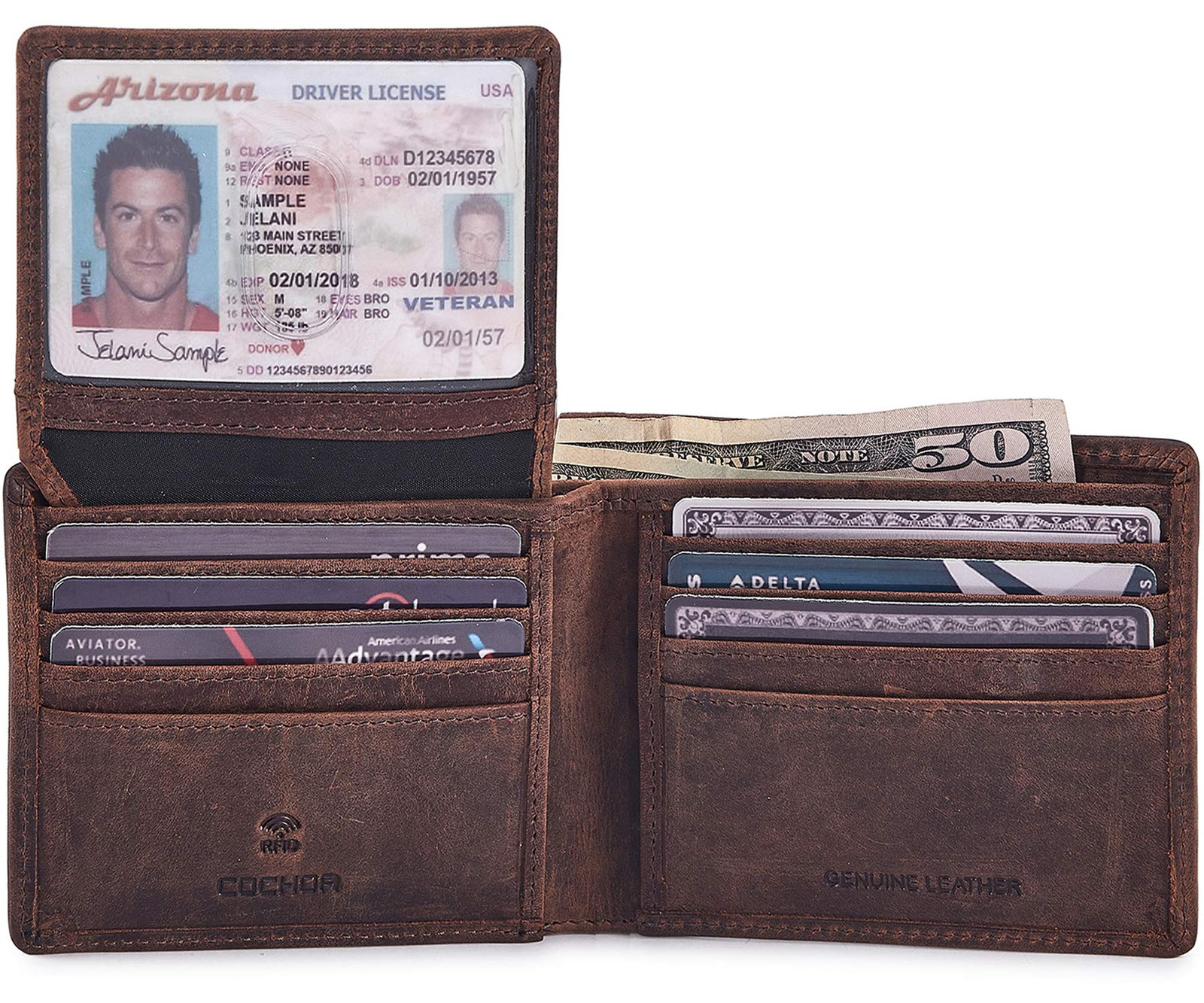 Men's RFID Blocking Bifold Leather Wallet with 2 ID Windows - Stylish Gift