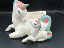 Vtg Mom & Baby Unicorn Plaster Planter Desk Organizer Pastel Rainbow