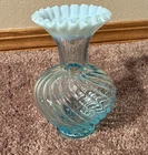 Fenton Blue and White Opalescent Glass Vase, Swirl Ruffled, Glossy, 6 in Height