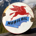 VINTAGE 6” MOBIILOIL  PEGASUS PORCELAIN PUMP TEXTLITE METAL DOMED SIGN