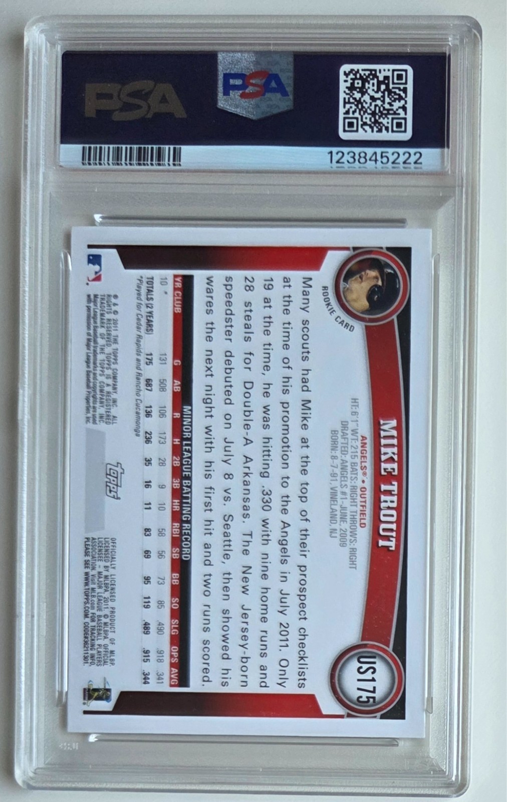 2011 Topps Update #US175 - Mike Trout (RC) Diamond Anniversary PSA 10 view 2