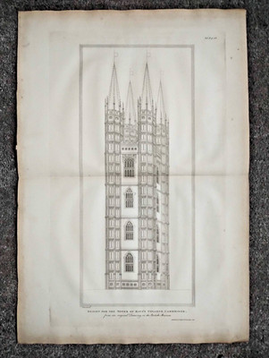 Design for the Tower of King's College, Cambridge - Antique Print - 1808