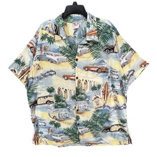 Vintage Go Barefoot Camp Shirt Mens 2XL Yellow Hawaii Classic Cars Surf Resort