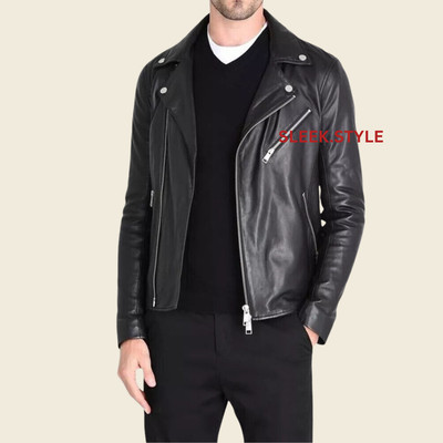 Mens Leather Jacket Genuine Lambskin Slim Fit Black Biker Motorcycle Style