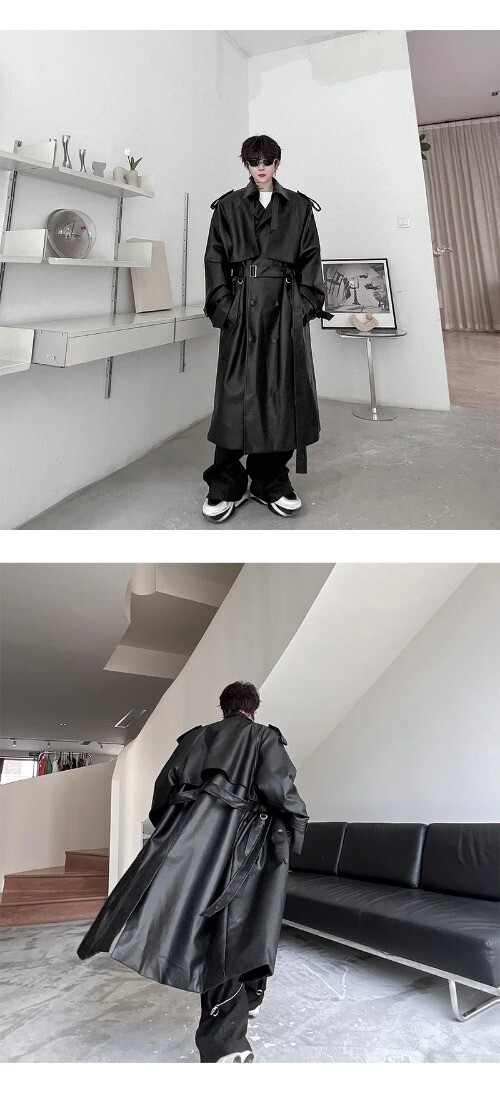 Men's Long Coat Mid Length Leather Trench Streetwear Trend Male Pu