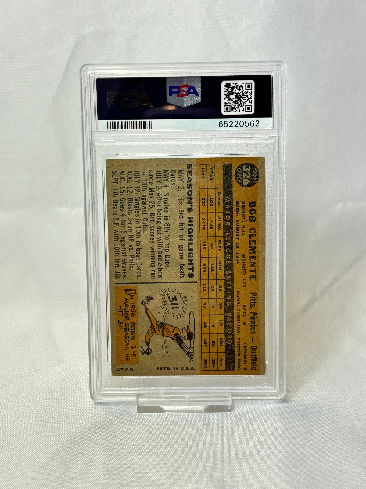 1960 Topps BOB CLEMENTE Baseball Card #326 PSA 3 view 3