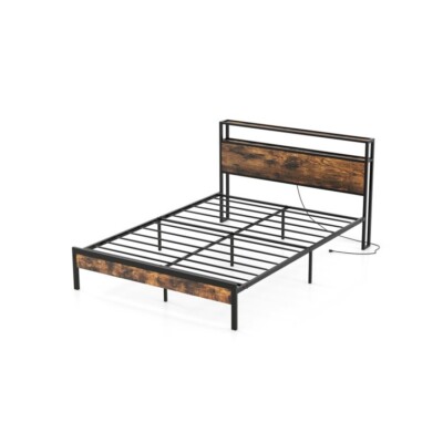 Queen Size Metal Bed Frame w/ Built-in Charging Station 2 Tier Storage Headboard