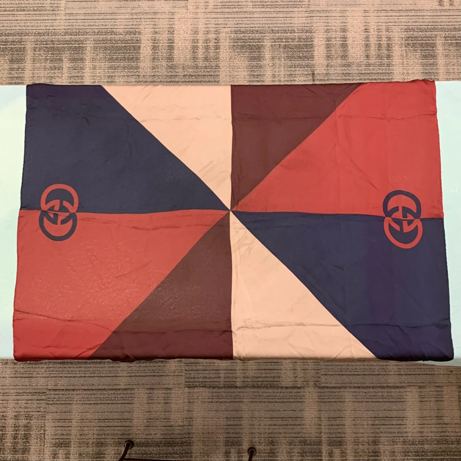 Gucci Classic Taupe Blue Maroon Signature Block Silk Scarf In Harrods Packaging