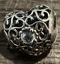 Pandora Sterling Silver April Clear Signature Rock Crystal Heart Bead Charm S925