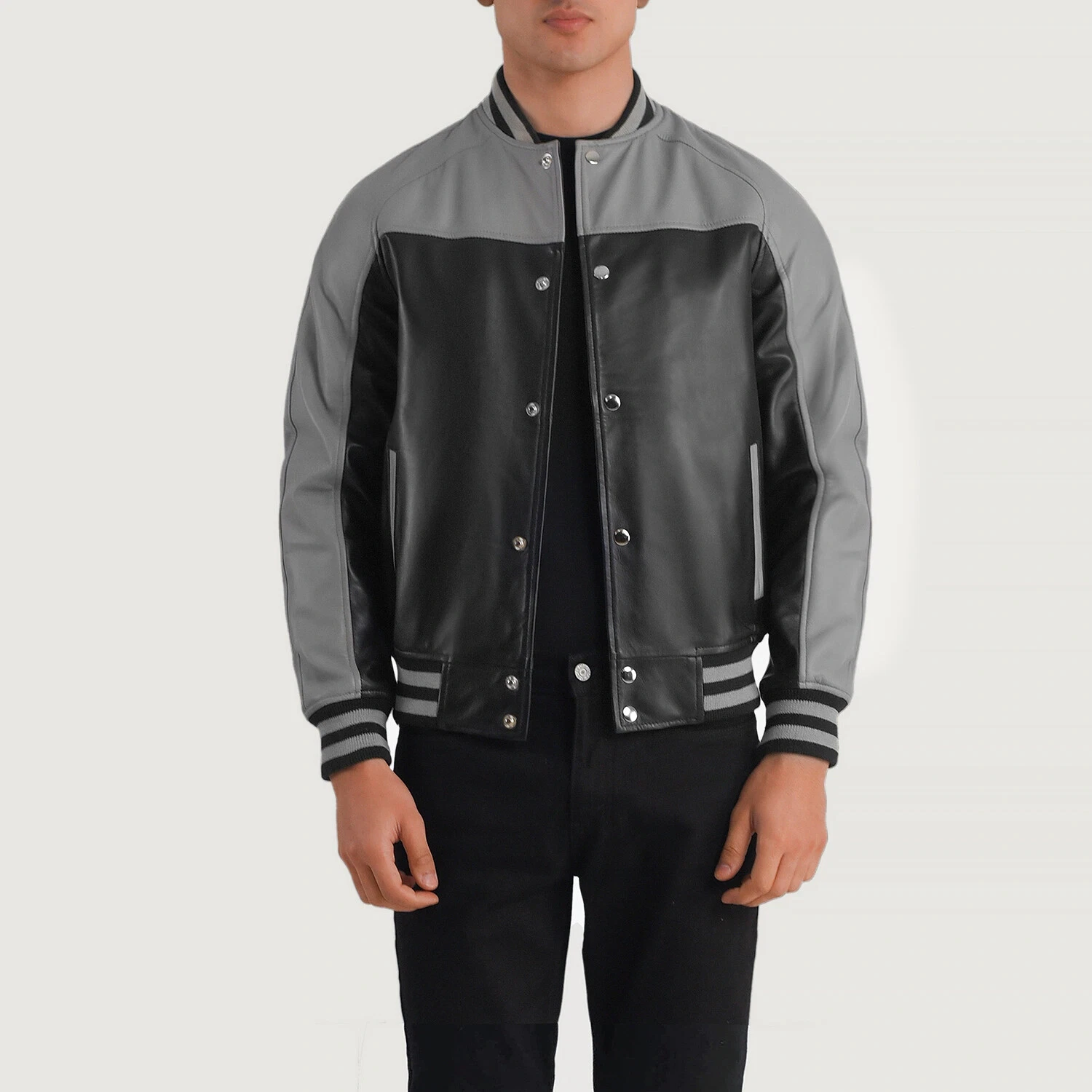 Men's New Baseball Moto Biker Bomber Real Sheepskin Black & Grey Varsity Jacket