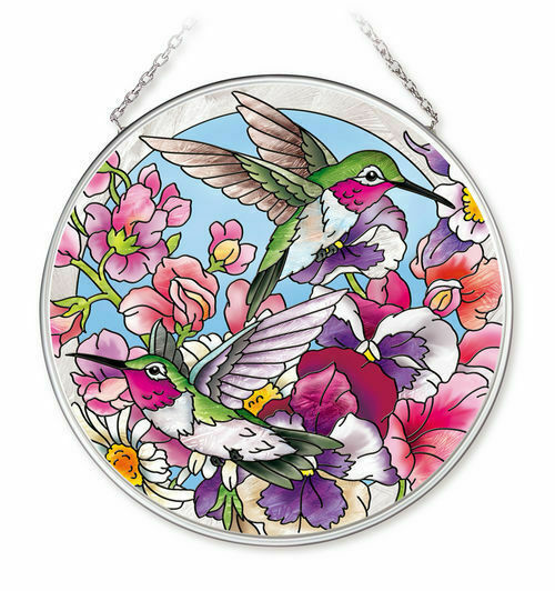 AMIA Stained Glass Suncatcher 4.5" Round Hummingbirds Alight Flowers