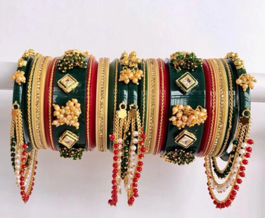 Red Green Indian Wedding Heavy Work Chura Set RAJWADI BRIDAL CHUDA Bangles
