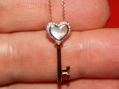 14K ROSE GOLD NA HOKU DIAMOND & MOTHER OF PEARL HEART KEY PENDANT NECKLACE 18'' 