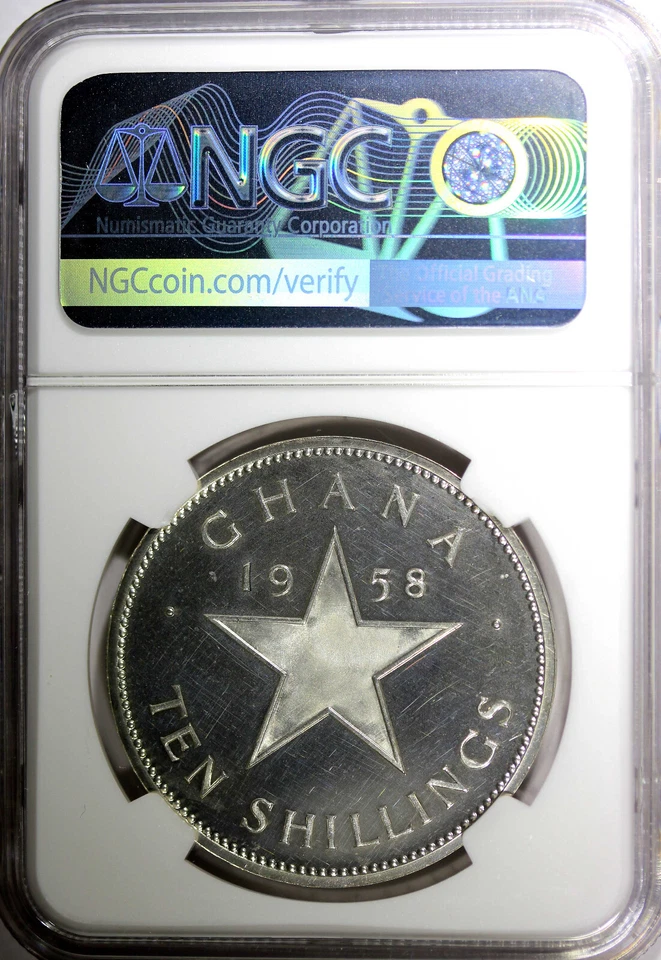 Ghana Plata Prueba 1958 10 chelines NGC PF62 De colección-11.000 Independencia KM# 7 Foto 3 de 4