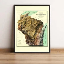 Wisconsin Map, Wisconsin 2D Relief Map, Wisconsin  Vintage Map - 2D Flat Print