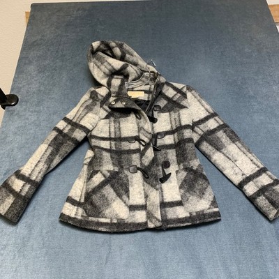 Michael Kors Wool Coat Womens 4P Multicolor Plaid Hooded Lined Snaps Winter Warm