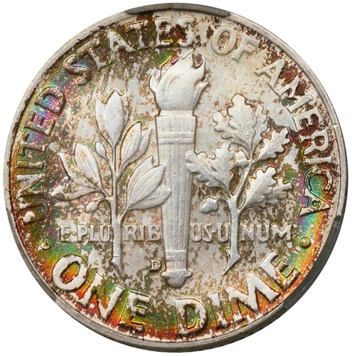 1957 D Toned Roosevelt Dime CAC MS 66 See Video Toning Silver Coin CACG 10C