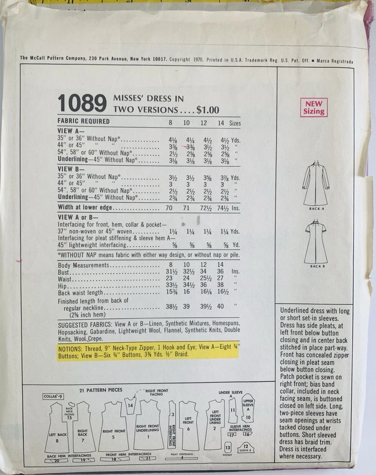 Vintage 1970s McCalls 1089 Mod Geoffrey Beene Dress Sewing Pattern Size 8 UNCUT - Image 2 of 2